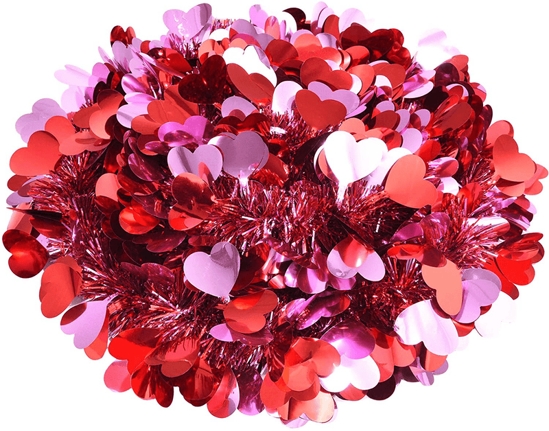 WILLBOND 26.2 Feet Heart Tinsel Garland Valentines Metallic Tinsel Twist Garland Shiny Hanging Decoration for Valentines Tree Wreath Wedding Party Supplies (Red, Pink)