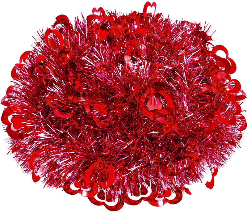 WILLBOND 26.2 Feet Valentines Heart Tinsel Garland Metallic Tinsel Twist Garland Shiny Hanging Decoration for Valentines Tree Wreath Wedding Party Supplies, Red and Light Pink
