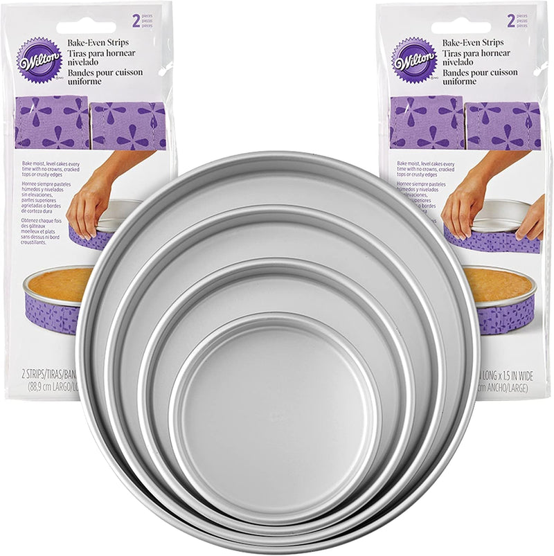 Wilton Bake-Even Strips and round Cake Pan Set, 8-Piece - 6, 8, 10, and 12 X 2-Inch Aluminum Cake Pans