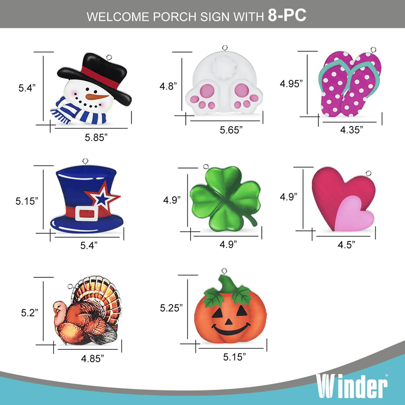 Winder 8 Pieces Interchangeable Seasonal Accessories for Welcome Sign for Front Door Porch Christmas Pendant Snowman Plaques Halloween Icons Turkey Parts Valentine Insters for Holiday Sign Decor