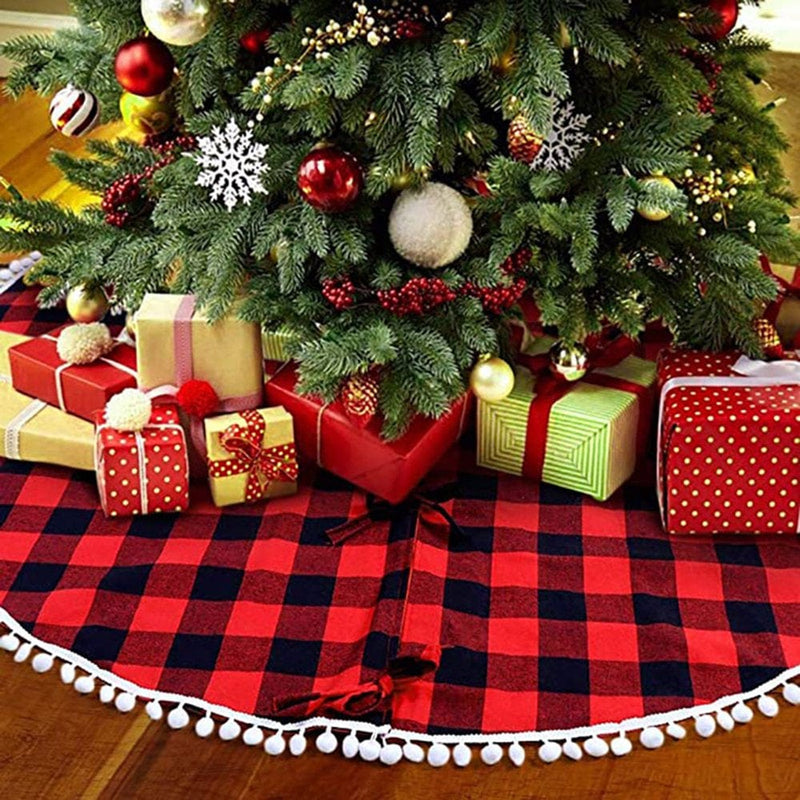 Windfall Christmas Tree Skirt Buffalo Plaid Red and Black Xmas Tree Skirt for Christmas Decorations Double Layers Eye-Catching Lightweight Xmas Tree Decorative Carpet Supplies for Home