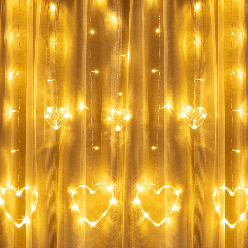 Window Curtain Lights, 138 LED Soft Bright Heart Shape Curtain String Lights with 8 Flashing Modes Battery or USB Operated Wedding Bedroom Home Patio Garden Indoor Outdoor Decor