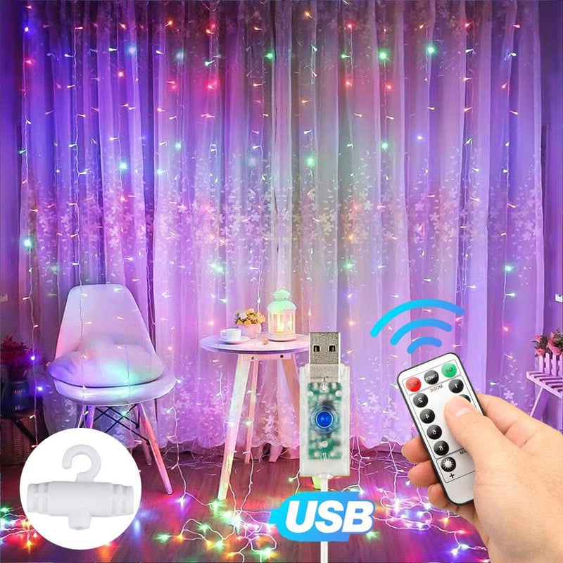 Window Curtain String Light, USB 8 Modes Setting 300 LED Curtain Fairy Lights with Remote Control Timer for Bedroom Home Garden Wall Wedding Party Outdoor Indoor (Cool/Warm White/Multicolor/Blue) Home & Garden > Decor > Seasonal & Holiday Decorations EEEKit Multicolor with Hanging Hook  
