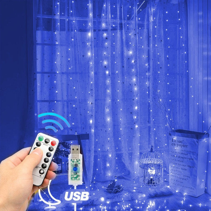 Window Curtain String Light, USB 8 Modes Setting 300 LED Curtain Fairy Lights with Remote Control Timer for Bedroom Home Garden Wall Wedding Party Outdoor Indoor (Cool/Warm White/Multicolor/Blue) Home & Garden > Decor > Seasonal & Holiday Decorations EEEKit Blue  