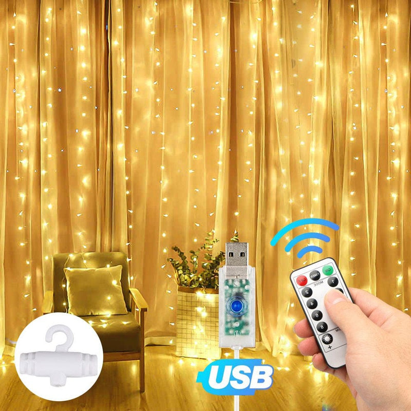 Window Curtain String Light, USB 8 Modes Setting 300 LED Curtain Fairy Lights with Remote Control Timer for Bedroom Home Garden Wall Wedding Party Outdoor Indoor (Cool/Warm White/Multicolor/Blue) Home & Garden > Decor > Seasonal & Holiday Decorations EEEKit Warm White with Hanging Hook  