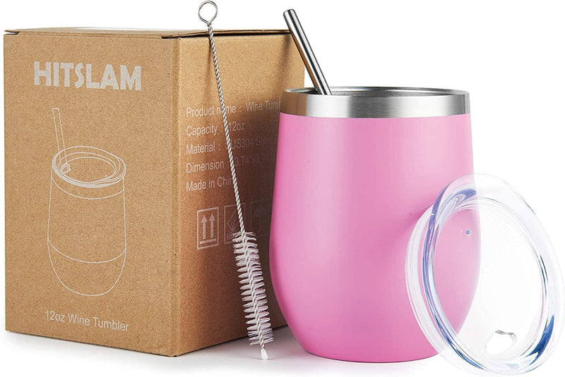 Wine Tumbler Cup Coffee Mug: 12Oz Travel Insulated Tumbler with Lid & Straw, Stainless Steel Vacuum Double Wall-Gift for Women, Men, Mom, Dad, Friend (White) Home & Garden > Kitchen & Dining > Tableware > Drinkware HITSLAM Pink  