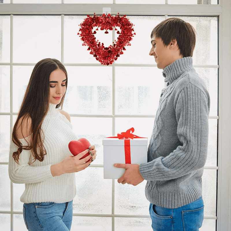 Winlyn 3 Pack Red Valentine Heart Wreaths Tinsel Heart Shaped Wreaths with Foil Hearts Hanging Valentine'S Day Wreaths Decorations for Wedding Birthday Party Front Door Wall Window Mantel Décor