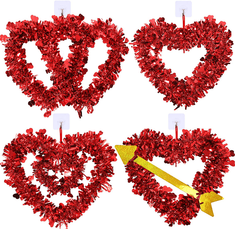 Winlyn 4 Pcs Valentines Heart Wreaths Assortment Red Tinsel Foil Heart Shaped Wedding Wreaths Valentines Front Door Wreaths for Door Wall Window Valentine'S Day Mother'S Day Wedding Party Decoration