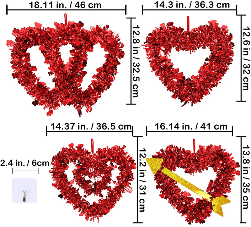Winlyn 4 Pcs Valentines Heart Wreaths Assortment Red Tinsel Foil Heart Shaped Wedding Wreaths Valentines Front Door Wreaths for Door Wall Window Valentine'S Day Mother'S Day Wedding Party Decoration
