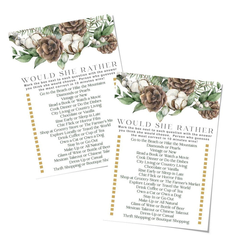 Winter Pine Would She Rather Game Pack (25 Cards) Use for Bridal Shower, Baby Shower, Birthday Guessing Activity - Greenery Christmas Event Supplies - Paper Clever Party Arts & Entertainment > Party & Celebration > Party Supplies Paper Clever Party   