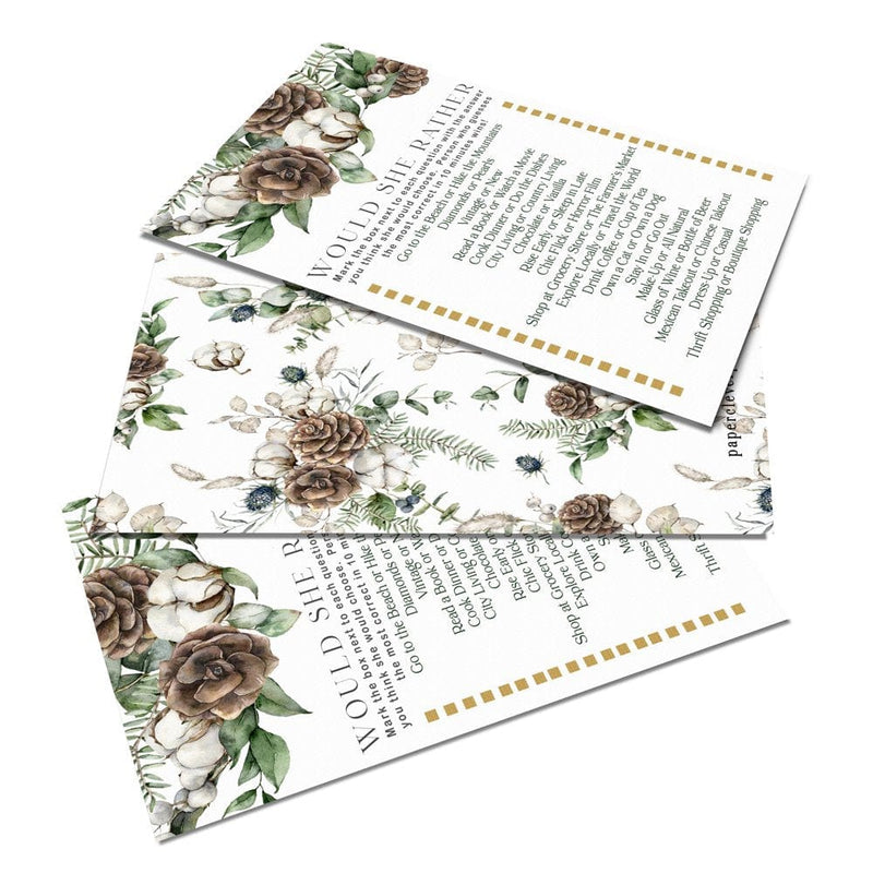 Winter Pine Would She Rather Game Pack (25 Cards) Use for Bridal Shower, Baby Shower, Birthday Guessing Activity - Greenery Christmas Event Supplies - Paper Clever Party Arts & Entertainment > Party & Celebration > Party Supplies Paper Clever Party   