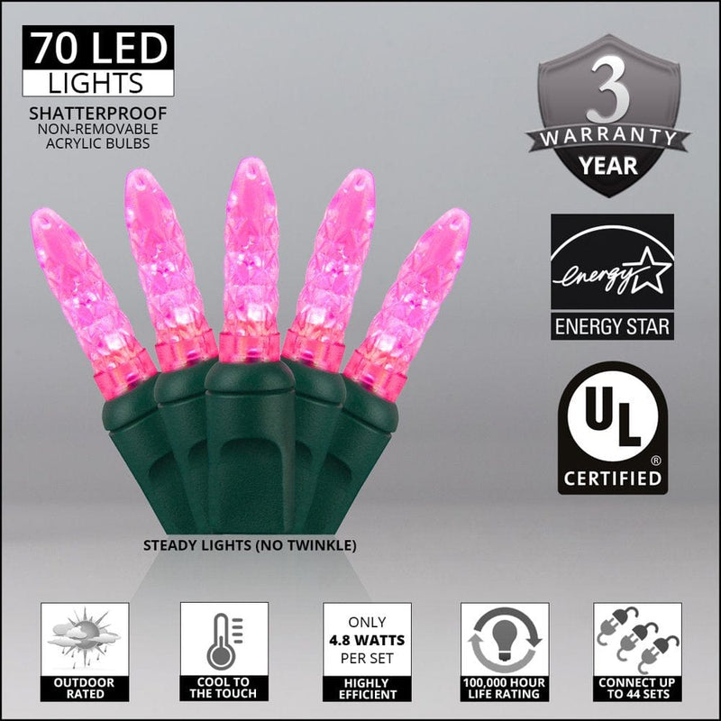 Wintergreen Lighting 70 Pink LED Christmas Tree Lights, 4" Spacing, 24', Faceted String Lights for Holiday Party Valentine’S Day Decoration