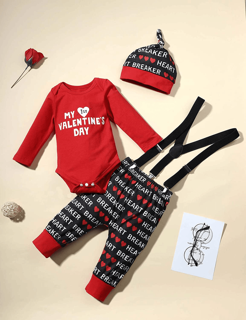 WIQI Newborn Infant Baby Boys My First Valentine’S Day Outfit Long Sleeve Romper Heart Breaker Bib Pants