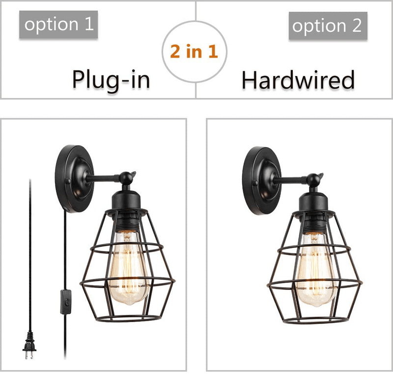 Wire Cage Wall Sconce, KOONTING 2 Pack Industrial Wall Lamp with Plug-In Cord and on off Toggle Switch, Vintage Style E26 Base Metal Wall Light Fixture for Headboard Bedroom Garage Porch Mirror