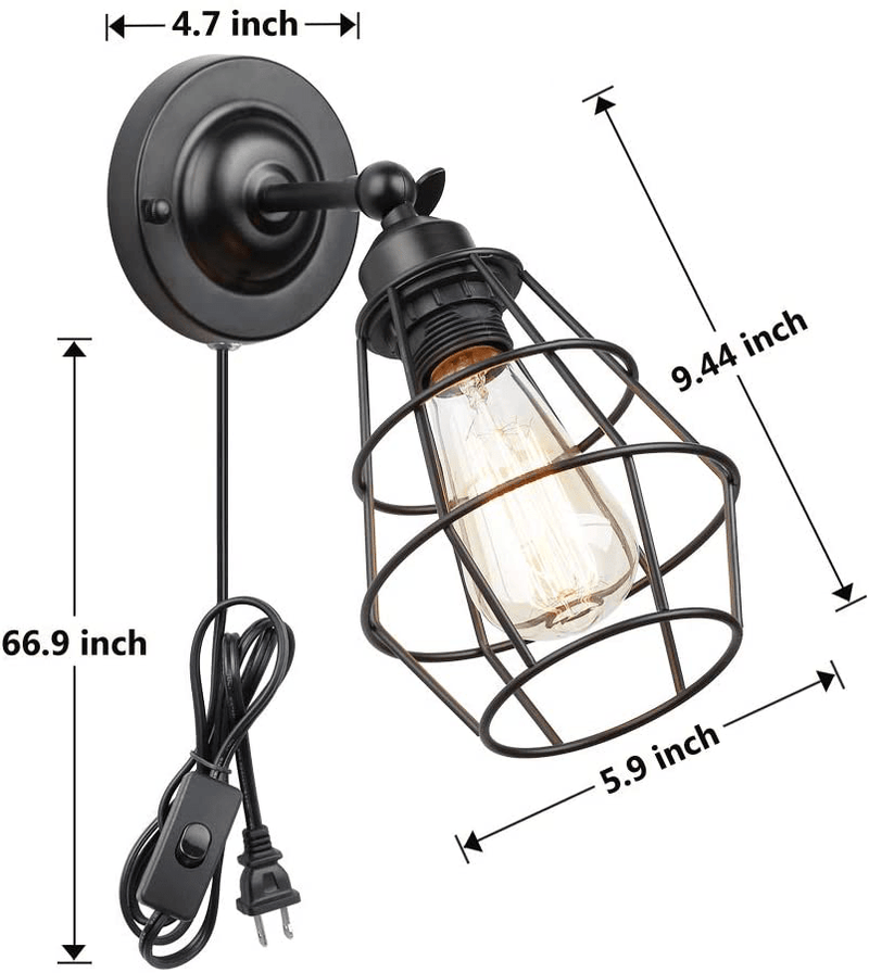 Wire Cage Wall Sconce, KOONTING 2 Pack Industrial Wall Lamp with Plug-in Cord and On Off Toggle Switch, Vintage Style E26 Base Metal Wall Light Fixture for Headboard Bedroom Garage Porch Mirror Home & Garden > Lighting > Lighting Fixtures > Wall Light Fixtures KOONTING   