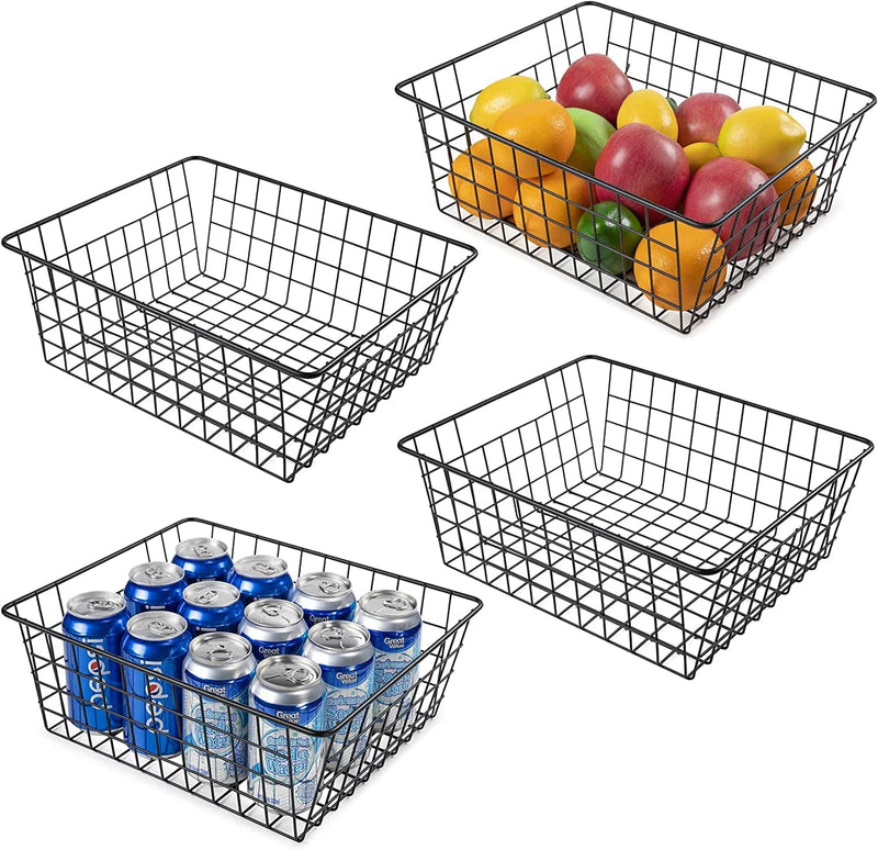 Wire Storage Baskets for Organizing, Vtopmart 4 Pack Metal Wire Freezer Organizer Bins with Handles, Large Pantry Baskets for Kitchen Cabinets, Bathroom, Laundry, Garage, Black