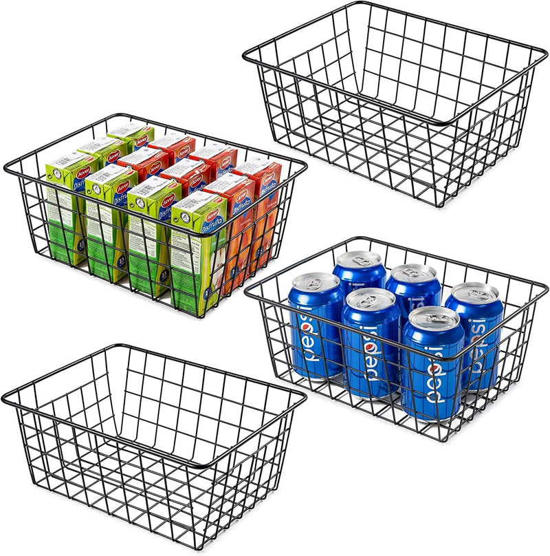 Wire Storage Baskets for Organizing, Vtopmart 4 Pack Metal Wire Freezer Organizer Bins with Handles, Large Pantry Baskets for Kitchen Cabinets, Bathroom, Laundry, Garage, Black