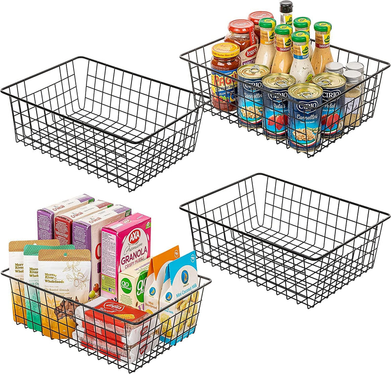 Wire Storage Baskets for Organizing, Vtopmart 4 Pack Metal Wire Freezer Organizer Bins with Handles, Large Pantry Baskets for Kitchen Cabinets, Bathroom, Laundry, Garage, Black Home & Garden > Household Supplies > Storage & Organization Vtopmart Black 16.1”L x 11.4”W x 4.6”H 
