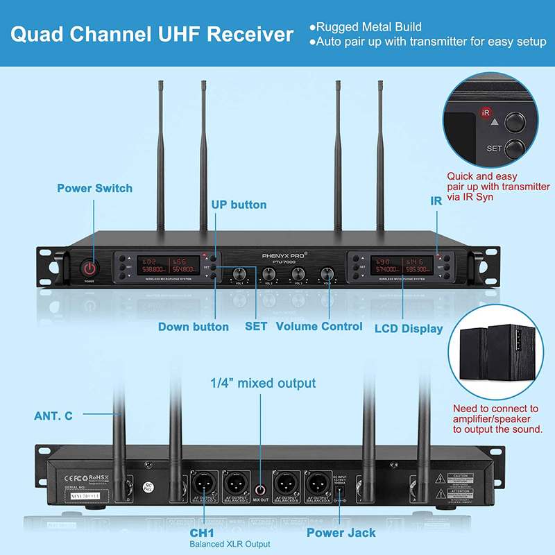 Wireless Microphone System, Phenyx Pro Quad Channel Cordless Mic Set with Metal Handheld Mics, 4x40 Channels, Auto Scan, Long Distance 328ft, Ideal for DJ, Church, Outdoor Events (PTU-7000A) Electronics > Audio > Audio Components > Microphones Phenyx Pro   