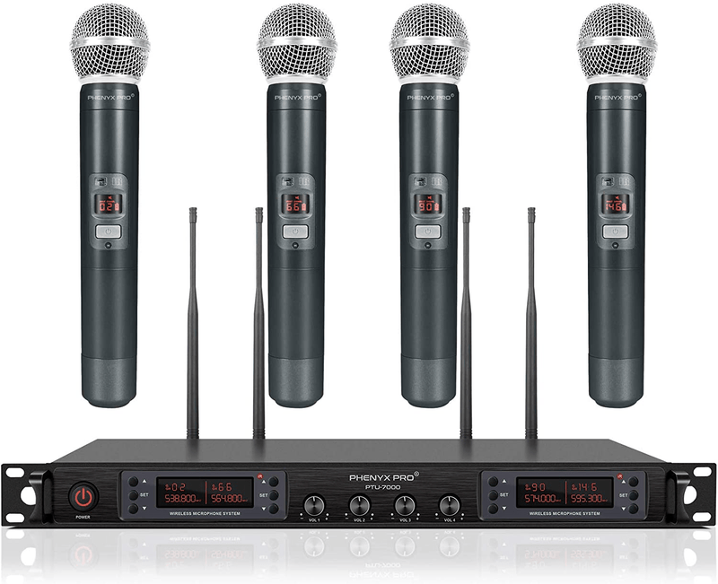 Wireless Microphone System, Phenyx Pro Quad Channel Cordless Mic Set with Metal Handheld Mics, 4x40 Channels, Auto Scan, Long Distance 328ft, Ideal for DJ, Church, Outdoor Events (PTU-7000A) Electronics > Audio > Audio Components > Microphones Phenyx Pro Default Title  