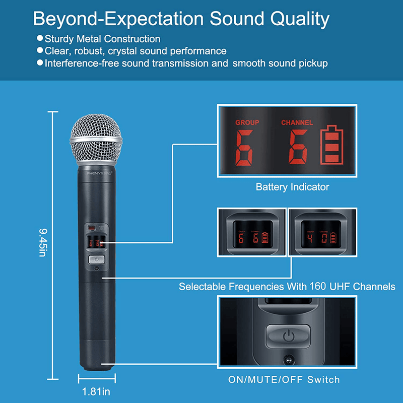Wireless Microphone System, Phenyx Pro Quad Channel Cordless Mic Set with Metal Handheld Mics, 4x40 Channels, Auto Scan, Long Distance 328ft, Ideal for DJ, Church, Outdoor Events (PTU-7000A)