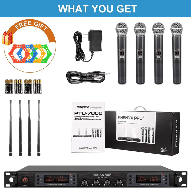 Wireless Microphone System, Phenyx Pro Quad Channel Cordless Mic Set with Metal Handheld Mics, 4x40 Channels, Auto Scan, Long Distance 328ft, Ideal for DJ, Church, Outdoor Events (PTU-7000A)