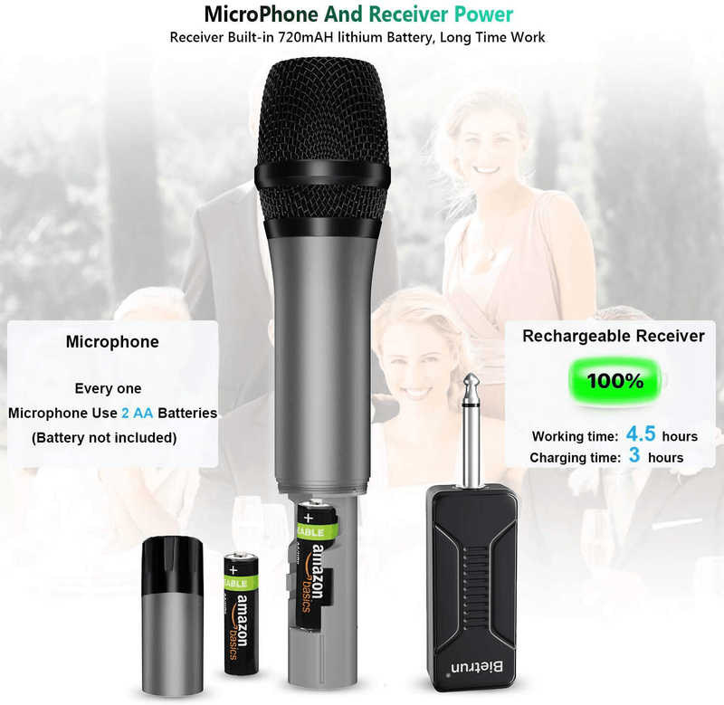 Wireless Microphone, UHF Wireless Dual Handheld Dynamic Mic System Set with Rechargeable Receiver, 160ft Range, 6.35mm(1/4'') Plug, for Karaoke, Voice Amplifier, PA System, Singing Machine, Church