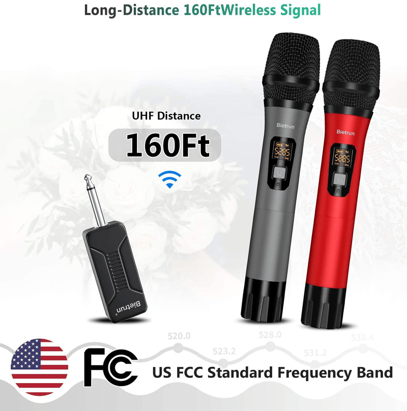 Wireless Microphone, UHF Wireless Dual Handheld Dynamic Mic System Set with Rechargeable Receiver, 160ft Range, 6.35mm(1/4'') Plug, for Karaoke, Voice Amplifier, PA System, Singing Machine, Church Electronics > Audio > Audio Components > Microphones Bietrun   