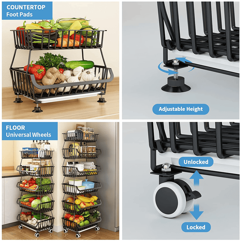 Wisdom Star 6 Tier Fruit Vegetable Basket for Kitchen, Fruit Vegetable Storage Cart, Vegetable Basket Bins for Onions and Potatoes, Wire Storage Basket Organizer Utility Cart with Wheels, Black Home & Garden > Kitchen & Dining > Food Storage Wisdom Star   