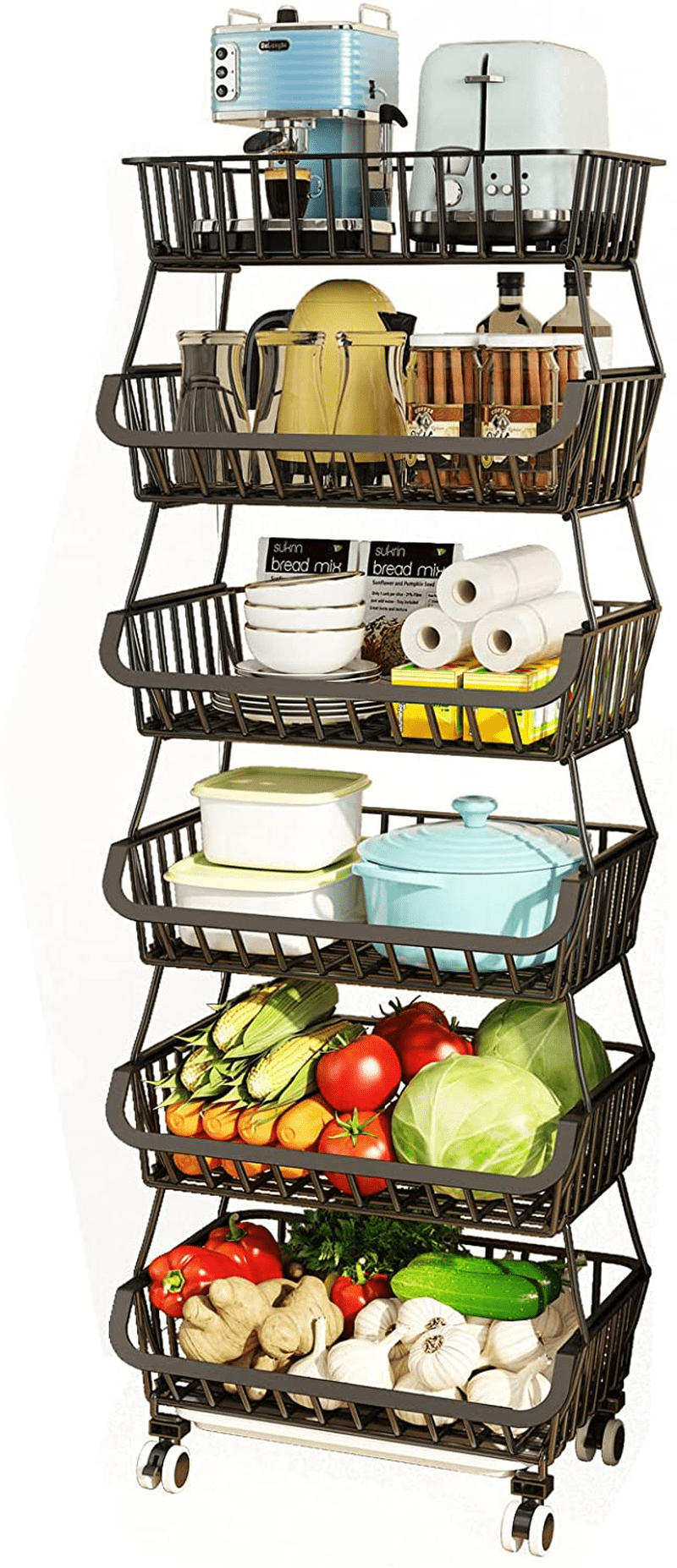 Wisdom Star 6 Tier Fruit Vegetable Basket for Kitchen, Fruit Vegetable Storage Cart, Vegetable Basket Bins for Onions and Potatoes, Wire Storage Basket Organizer Utility Cart with Wheels, Black Home & Garden > Kitchen & Dining > Food Storage Wisdom Star 6 TIER  