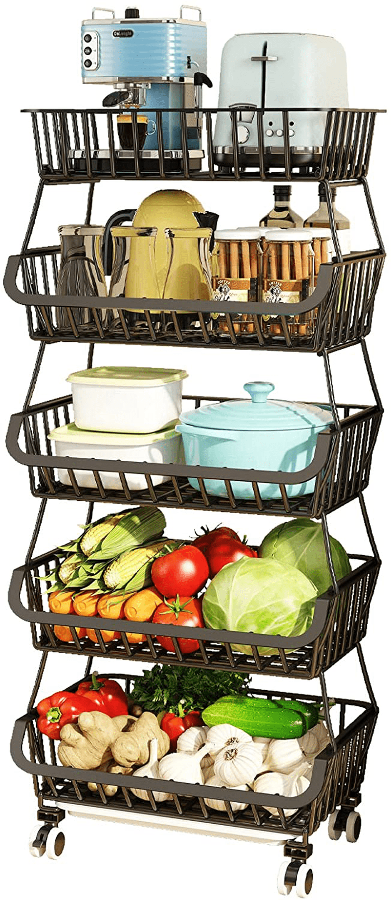 Wisdom Star 6 Tier Fruit Vegetable Basket for Kitchen, Fruit Vegetable Storage Cart, Vegetable Basket Bins for Onions and Potatoes, Wire Storage Basket Organizer Utility Cart with Wheels, Black Home & Garden > Kitchen & Dining > Food Storage Wisdom Star 5 TIER  