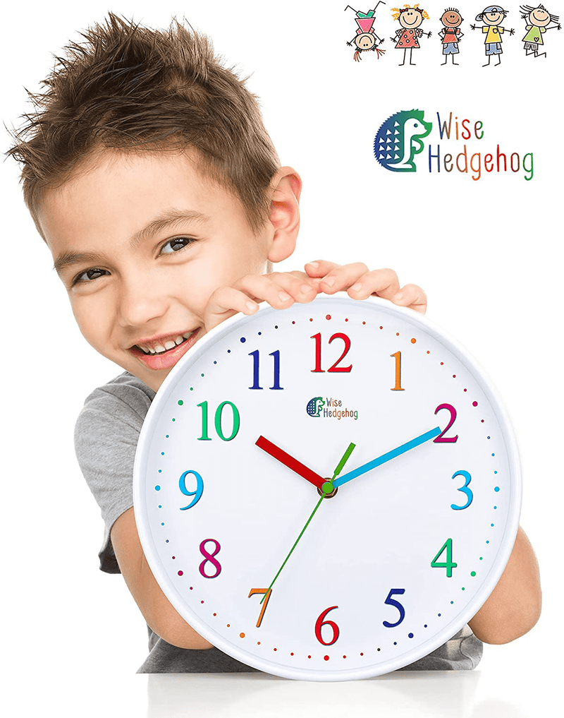Wise Hedgehog Kids Wall Clock - Silent Non Ticking White Colorful Battery Operated Clock, Easy to Read for Kids, Perfect Room & Wall Decor for School Classrooms, Nursery, Playrooms and Bedroom Home & Garden > Decor > Clocks > Wall Clocks Wise Hedgehog   