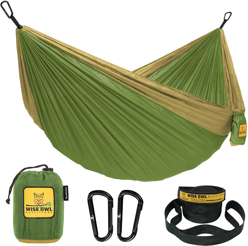 Wise Owl Outfitters Camping Hammock - Portable Hammock Single or Double Hammock Camping Accessories for Outdoor, Indoor W/ Tree Straps Sporting Goods > Outdoor Recreation > Winter Sports & Activities Wise Owl Outfitters Green & Khaki Large 