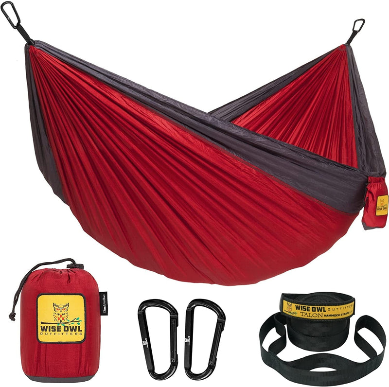 Wise Owl Outfitters Camping Hammock - Portable Hammock Single or Double Hammock Camping Accessories for Outdoor, Indoor W/ Tree Straps Sporting Goods > Outdoor Recreation > Winter Sports & Activities Wise Owl Outfitters Red & Charcoal Large 