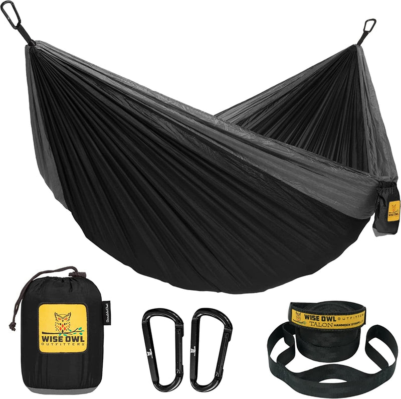 Wise Owl Outfitters Camping Hammock - Portable Hammock Single or Double Hammock Camping Accessories for Outdoor, Indoor W/ Tree Straps Sporting Goods > Outdoor Recreation > Winter Sports & Activities Wise Owl Outfitters Black & Grey Medium 