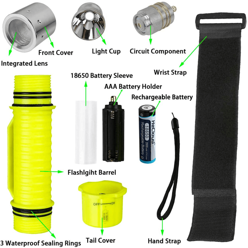 WishDeal 2 Pack Diving Flashlight Underwater LED Scuba Dive Lights Super Bright IPX8 Waterproof 3 Modes for Outdoor Activities with Rechargeable Battery and Charger