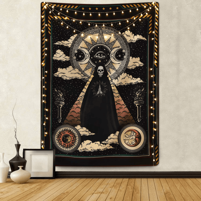 Wizard Skull Tapestry Solar Iris Tapestry Sun and Moon Tapestry Star and Cloud Tapestry Tarot Tapestry for Room