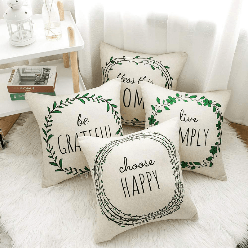 WLNUI Spring Pillow Covers 18X18 Inch Spring Home Decorations Set of 4 Green Wreath Decorative Throw Pillow Covers Cushion Case for Farmhouse Home Decor Home & Garden > Decor > Chair & Sofa Cushions WLNUI   