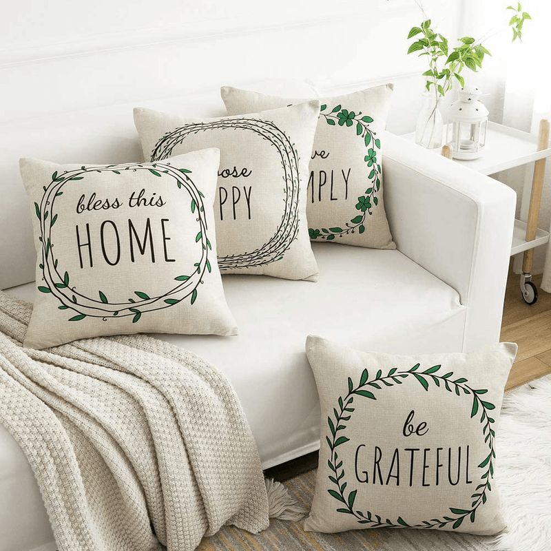 WLNUI Spring Pillow Covers 18X18 Inch Spring Home Decorations Set of 4 Green Wreath Decorative Throw Pillow Covers Cushion Case for Farmhouse Home Decor Home & Garden > Decor > Chair & Sofa Cushions WLNUI   
