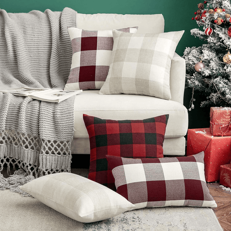 Woaboy Pack of 2 Christmas Buffalo Check Plaids Farmhouse Throw Pillow Covers Decorative Pillowcases Cushion Covers Square for Decor Sofa Bedroom Car 12X20Inch 30X50Cm Red and White Home & Garden > Decor > Chair & Sofa Cushions Woaboy   