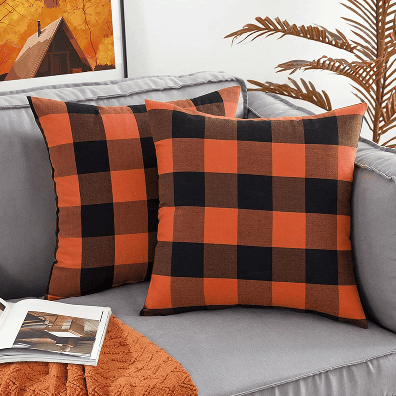 Woaboy Pack of 2 Christmas Buffalo Check Plaids Farmhouse Throw Pillow Covers Decorative Pillowcases Cushion Covers Square for Decor Sofa Bedroom Car 12X20Inch 30X50Cm Red and White Home & Garden > Decor > Chair & Sofa Cushions Woaboy Orange and Black 16"x16" 