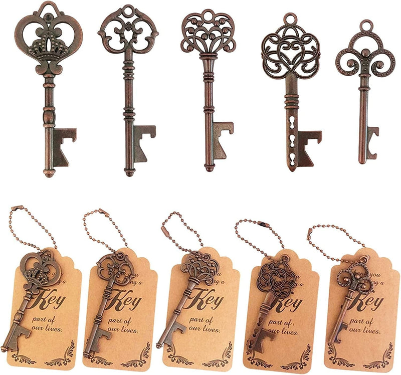 WODEGIFT 50Pcs Bottle Opener,Wedding Favors Vintage Skeleton Key Bottle Opener,Key Bottle Openers with Escort Tag Cards and Key Chains Wedding Gifts for Guest（Bronze,5 Styles） Home & Garden > Kitchen & Dining > Barware WODEGIFT Red copper  