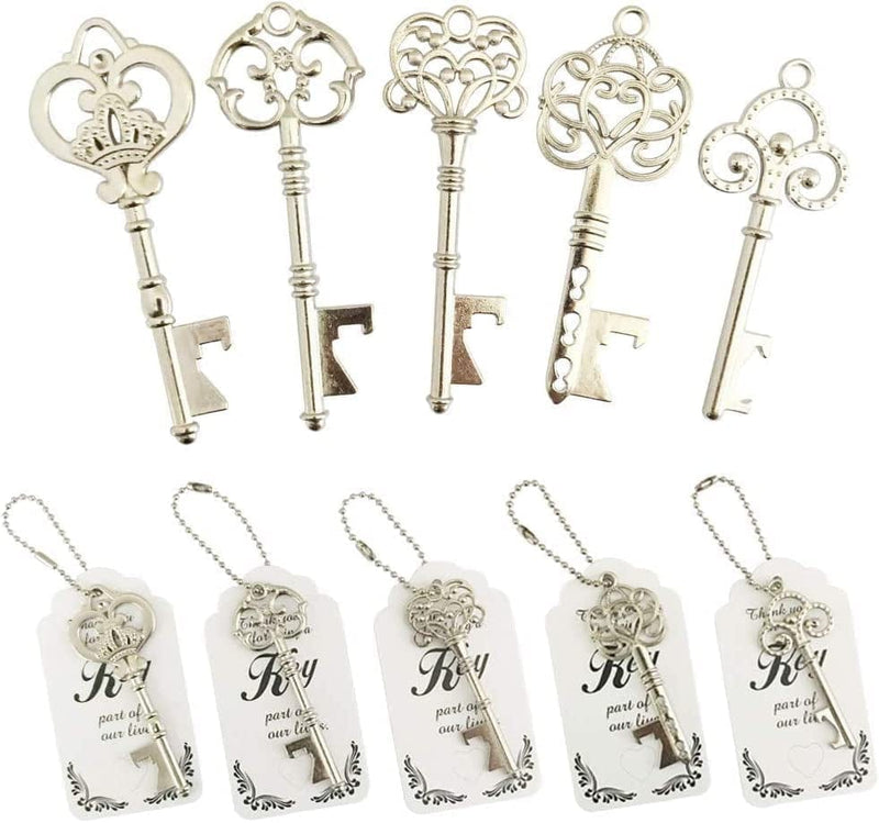 WODEGIFT 50Pcs Bottle Opener,Wedding Favors Vintage Skeleton Key Bottle Opener,Key Bottle Openers with Escort Tag Cards and Key Chains Wedding Gifts for Guest（Bronze,5 Styles） Home & Garden > Kitchen & Dining > Barware WODEGIFT Silver  