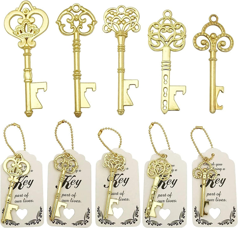 WODEGIFT 50Pcs Bottle Opener,Wedding Favors Vintage Skeleton Key Bottle Opener,Key Bottle Openers with Escort Tag Cards and Key Chains Wedding Gifts for Guest（Bronze,5 Styles） Home & Garden > Kitchen & Dining > Barware WODEGIFT Gold  