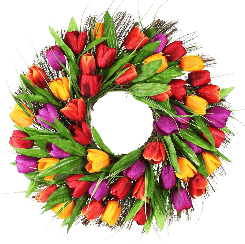 Wofair Tulip Wreath Artificial 17 Inch Tulip Wreaths for Front Door, Fake Spring Silk Flower Wreath with Green Leaves Real Sere Vines for Home Wall Wedding Office Party Fistival Welcome Decor Home & Garden > Decor > Seasonal & Holiday Decorations Wofair 17" Tulip Wreath  