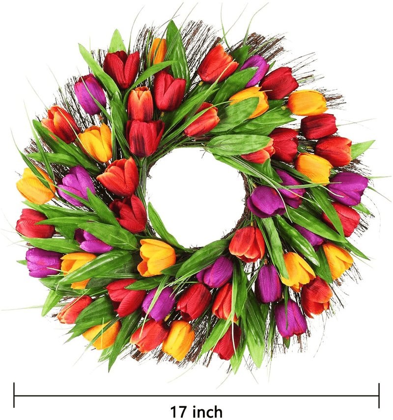 Wofair Tulip Wreath Artificial 17 Inch Tulip Wreaths for Front Door, Fake Spring Silk Flower Wreath with Green Leaves Real Sere Vines for Home Wall Wedding Office Party Fistival Welcome Decor Home & Garden > Decor > Seasonal & Holiday Decorations Wofair   