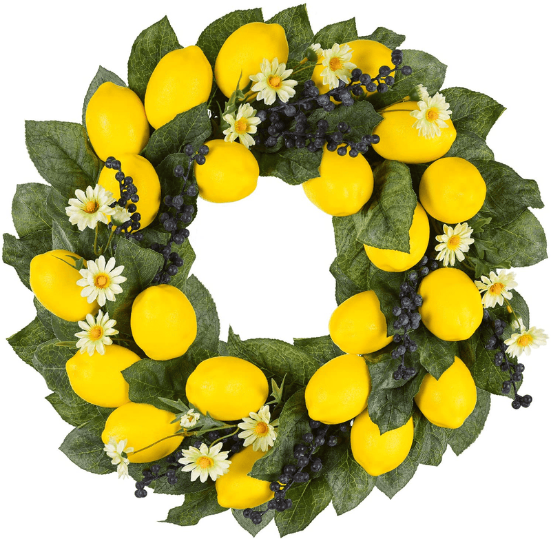 Wofair Tulip Wreath Artificial 17 Inch Tulip Wreaths for Front Door, Fake Spring Silk Flower Wreath with Green Leaves Real Sere Vines for Home Wall Wedding Office Party Fistival Welcome Decor Home & Garden > Decor > Seasonal & Holiday Decorations Wofair Yellow  