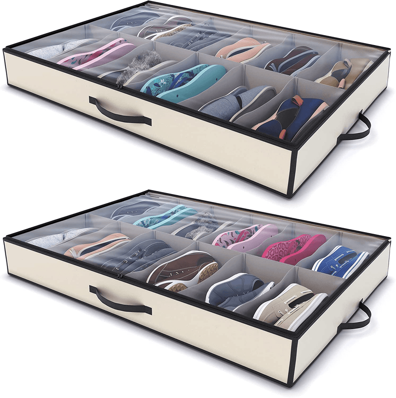 Woffit under Bed Shoe Storage Organizer – Set of 2 Large Containers, Each Fit 12 Pairs of Shoes – Sturdy Box W/ Strong Zipper & Handles – Underbed Organizers for Kids & Adults Furniture > Cabinets & Storage > Armoires & Wardrobes Woffit   