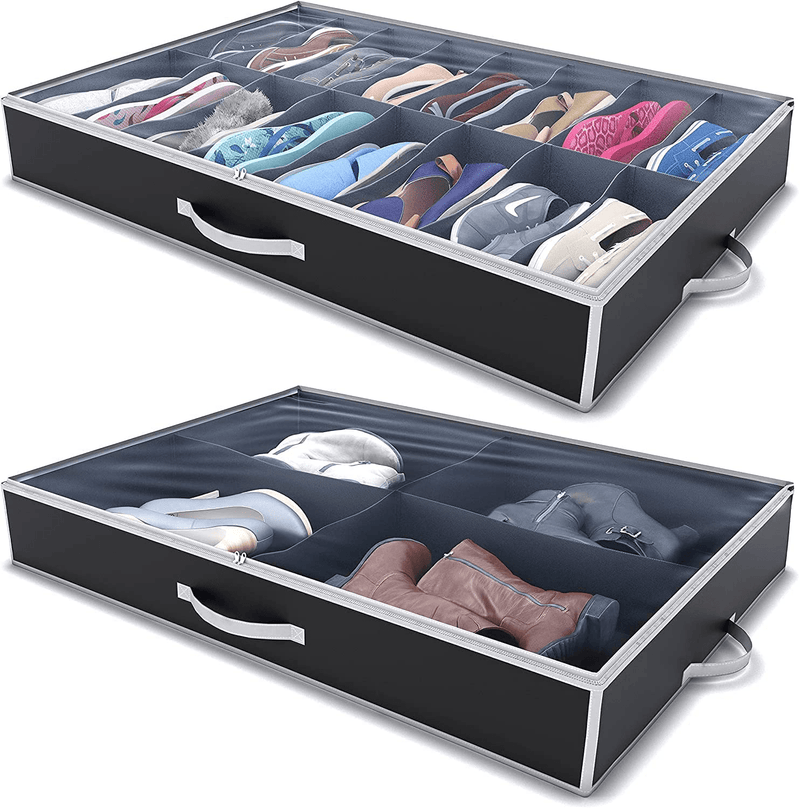 Woffit under Bed Shoe Storage Organizer – Set of 2 Large Containers, Each Fit 12 Pairs of Shoes – Sturdy Box W/ Strong Zipper & Handles – Underbed Organizers for Kids & Adults Furniture > Cabinets & Storage > Armoires & Wardrobes Woffit Black 1 Boot 1 Shoe 