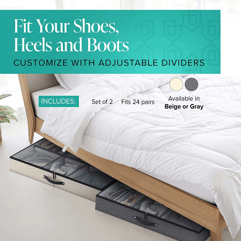 Woffit under Bed Shoe Storage Organizer - Set of 2 Large Containers, Each Fits 12 Pairs of Shoes - Sturdy Box W/ Adjustable Dividers - Underbed Shoe Storage for Kids & Adults, Gray Furniture > Cabinets & Storage > Armoires & Wardrobes Woffit   